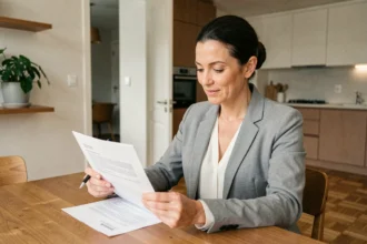 Femme consultant son contrat d'assurance multirisque habitation à son domicile moderne