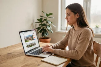 Femme débutante en immobilier consultant le site 123 Net Immo sur un ordinateur portable à la maison
