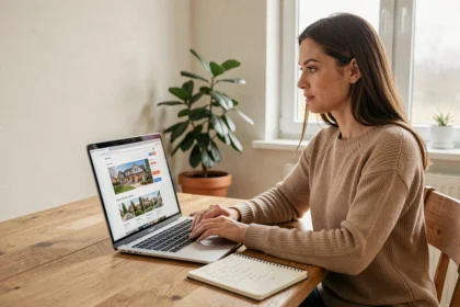 Femme débutante en immobilier consultant le site 123 Net Immo sur un ordinateur portable à la maison