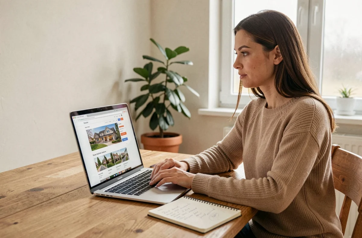 Femme débutante en immobilier consultant le site 123 Net Immo sur un ordinateur portable à la maison