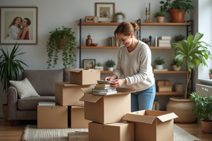 Femme triant des livres et objets dans un salon chaleureux