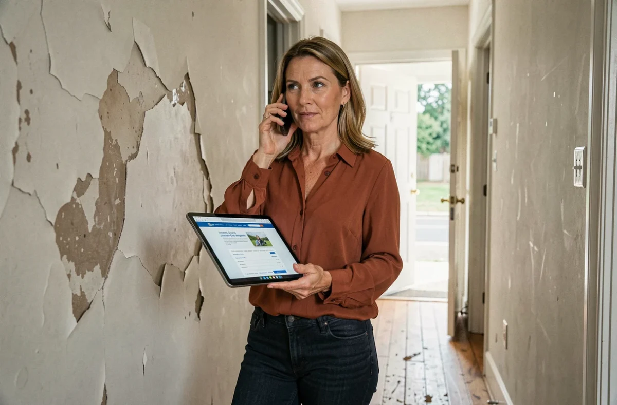 Femme téléphonant à son assureur dans un couloir avec des dégâts des eaux visibles sur le mur, tenant une tablette avec le site d'une compagnie d'assurance