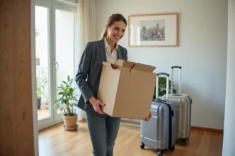 Femme souriante tenant une box de déménagement dans un appartement moderne