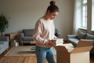 Femme d'âge moyen emballant des livres dans une boîte en carton