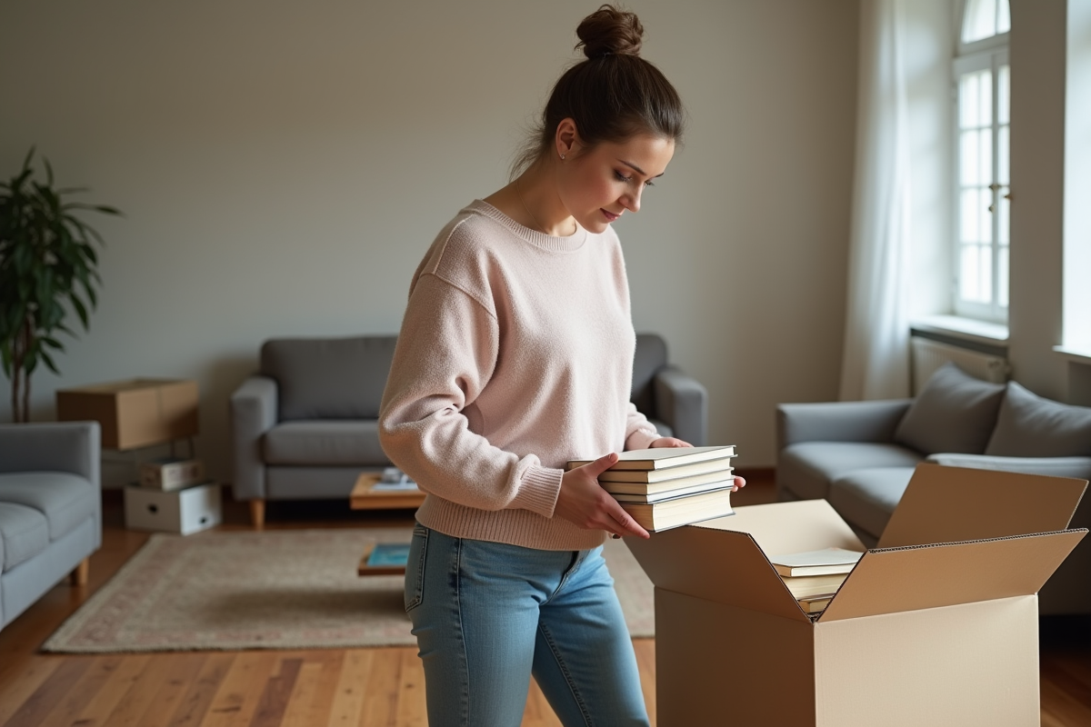 Femme d'âge moyen emballant des livres dans une boîte en carton