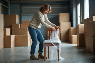 Femme emballant une chaise en stockage intérieur