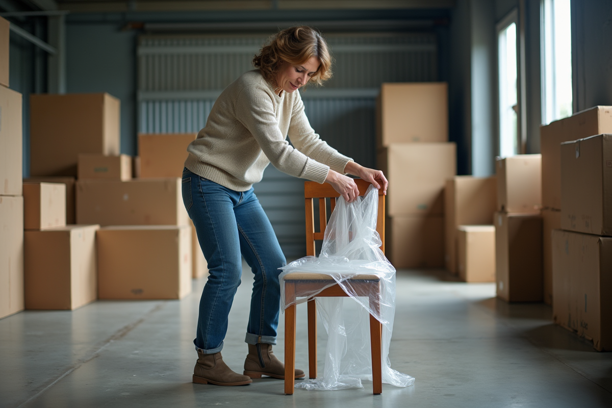Femme emballant une chaise en stockage intérieur