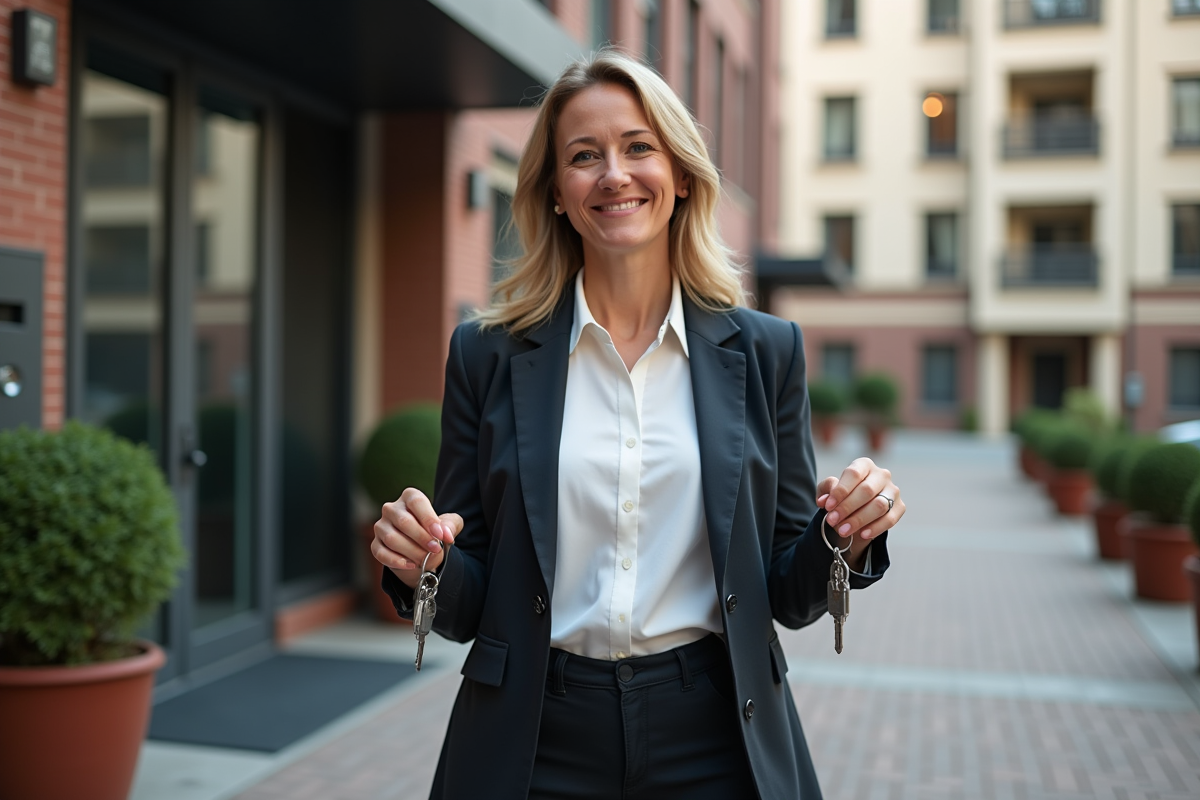 Femme souriante tenant des clés devant un immeuble