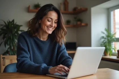 Femme étudie des annonces immobilières à la maison