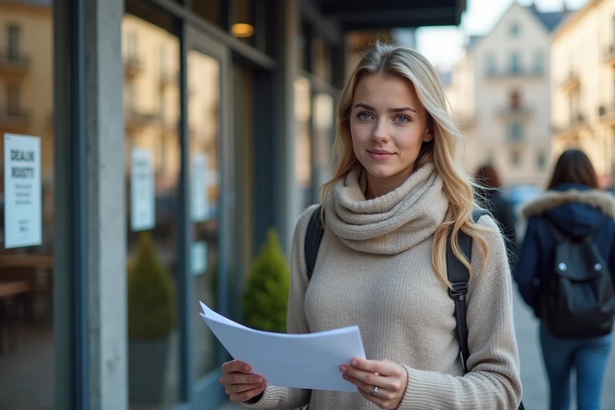 Femme étudiante dehors vérifiant ses documents