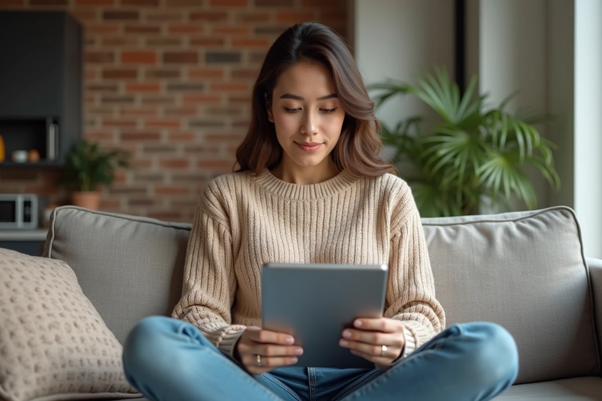 Jeune femme étudiant un rapport immobilier sur une tablette dans un salon