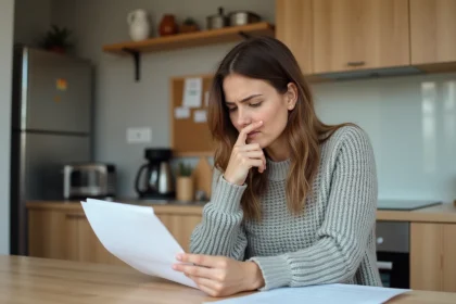 Femme examine des factures dans une cuisine moderne