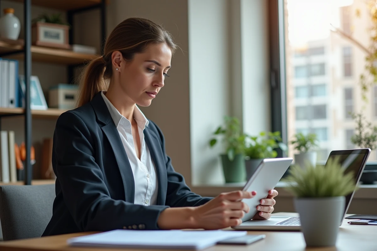 Femme professionnelle examinant des documents immobiliers dans un bureau moderne