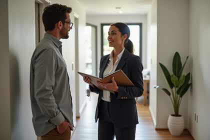 Femme hispanique en affaires parlant avec un jeune homme à l'entrée