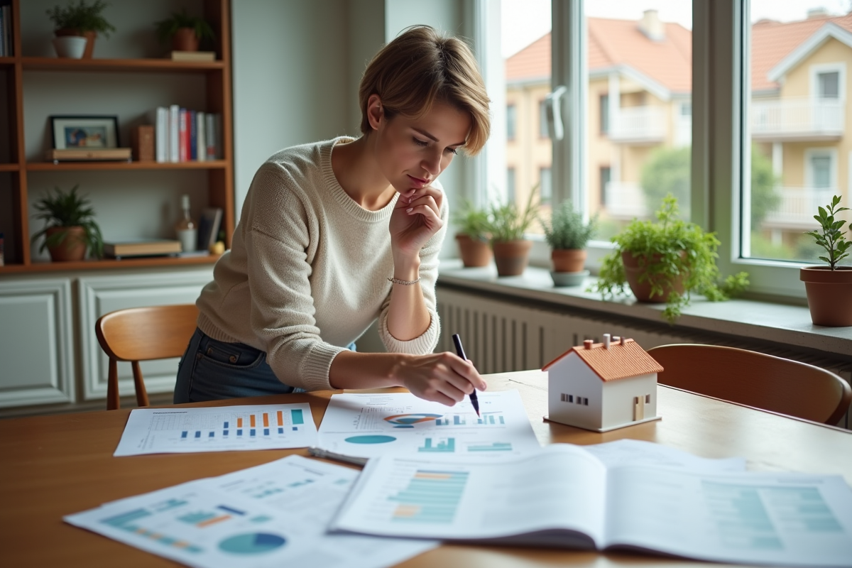 Femme analysant des documents immobiliers à la maison