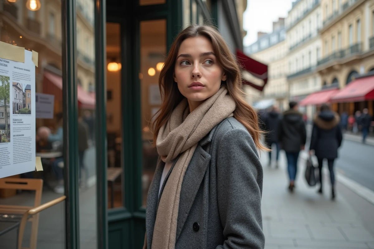 Jeune femme regardant des annonces immobilières à Paris