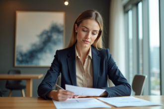 Femme confiante examinant documents immobiliers dans un bureau moderne