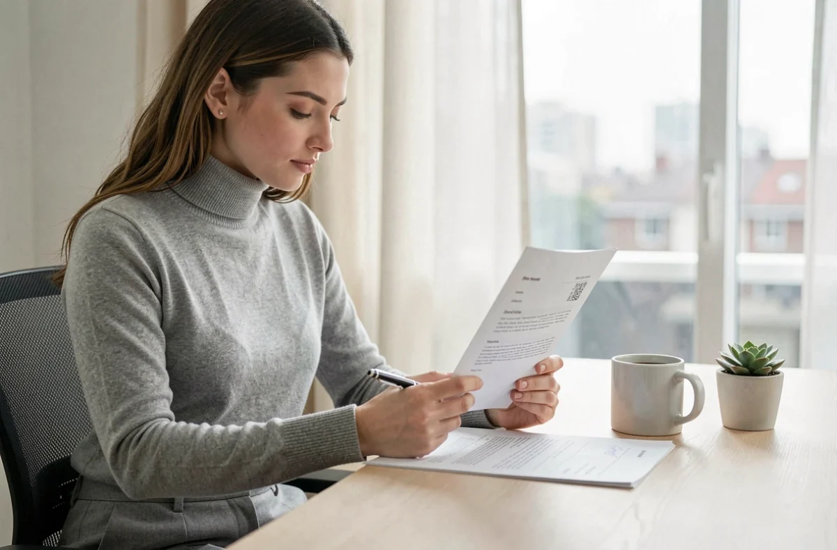 Femme lisant attentivement un contrat immobilier à son bureau à domicile