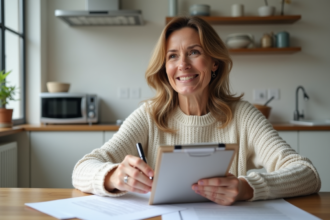 Femme d'âge moyen examinant des documents dans une cuisine moderne