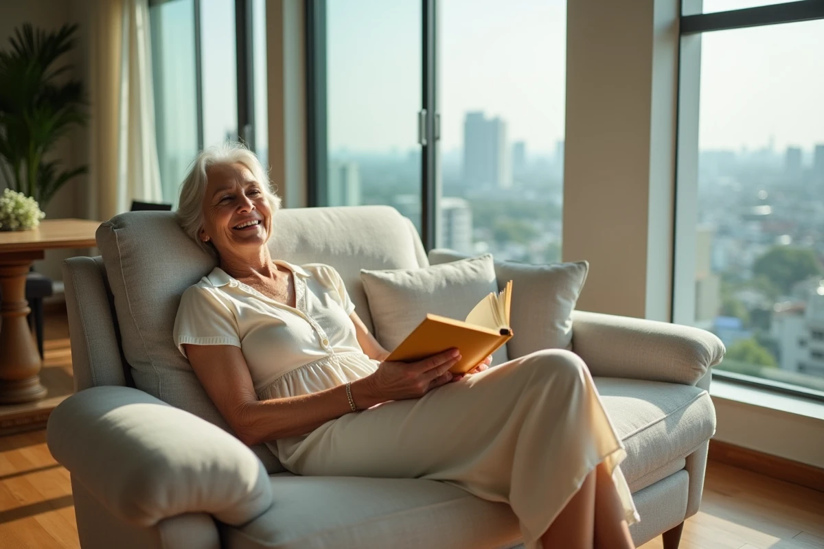 Femme âgée lisant dans un appartement lumineux à Bangkok