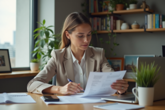 Femme en bureau moderne examinant des documents de prêt immobilier