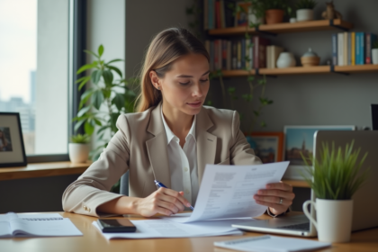 Femme en bureau moderne examinant des documents de prêt immobilier