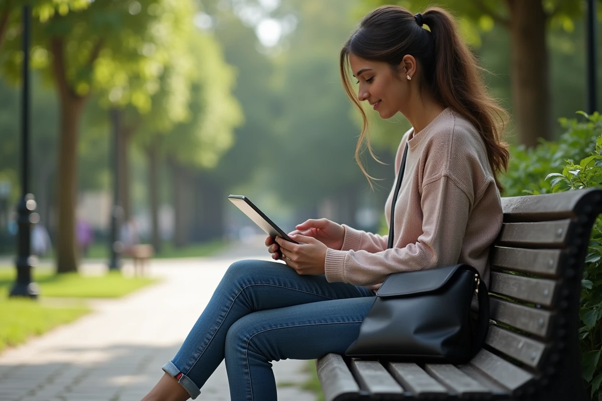 Jeune femme utilise une tablette dans un parc pour comparer immobilier