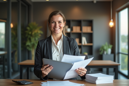 Femme souriante avec documents et tablette dans un bureau moderne