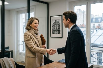 Femme parisienne en manteau beige serre la main d un agent immobilier