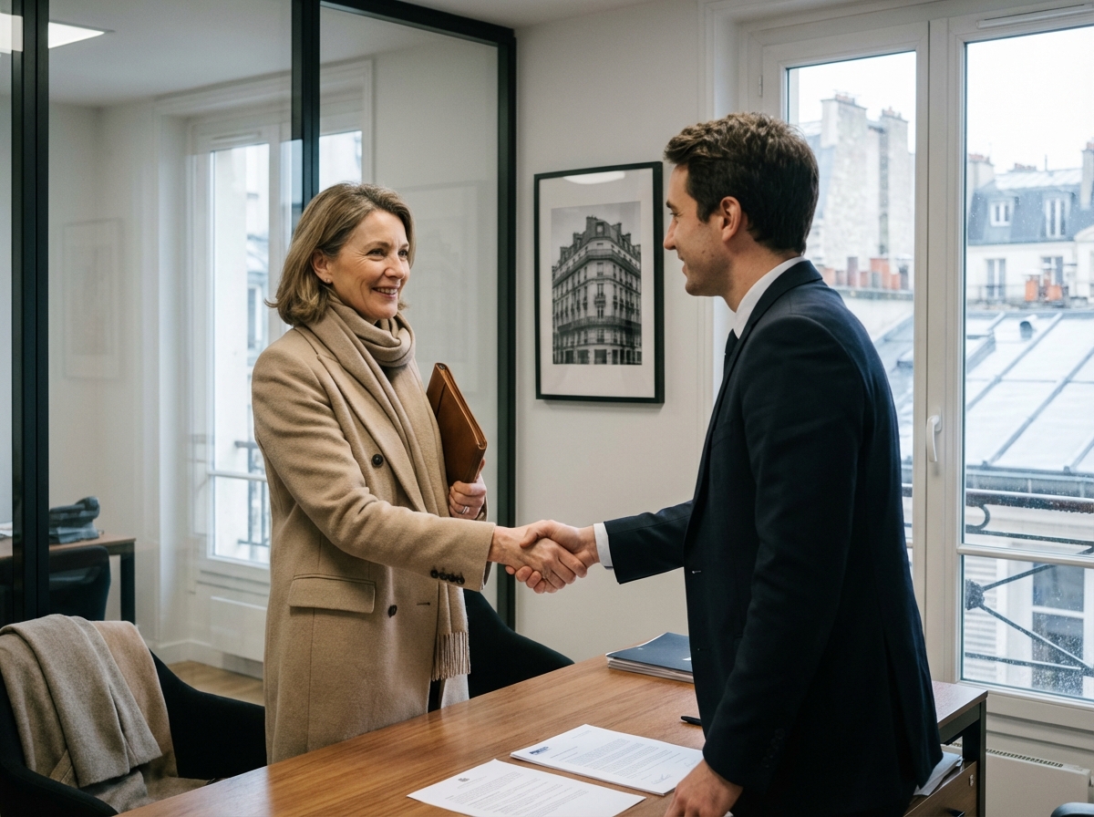 Femme parisienne en manteau beige serre la main d un agent immobilier