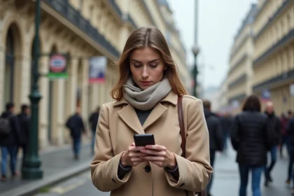Jeune femme à Paris consulte son téléphone dans la rue