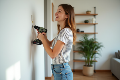 Jeune femme perce un mur blanc dans un salon lumineux