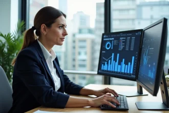 Femme professionnelle analysant un logiciel immobilier sur deux écrans dans un bureau moderne avec vue sur la ville