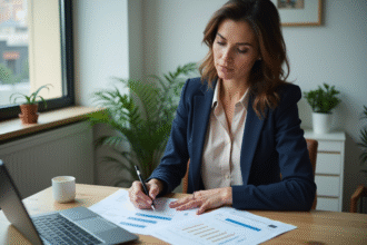 Femme professionnelle examinant des documents de prêt immobilier