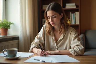 Jeune femme rédigeant une lettre de motivation pour une location meublée à son bureau dans un appartement chaleureux