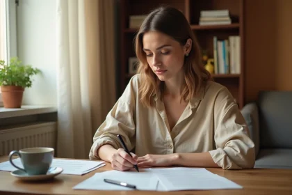 Jeune femme rédigeant une lettre de motivation pour une location meublée à son bureau dans un appartement chaleureux