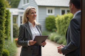 Femme d'âge moyen discutant avec agent immobilier devant maison renovée