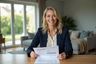 Femme souriante tenant une estimation immobiliere dans un salon lumineux