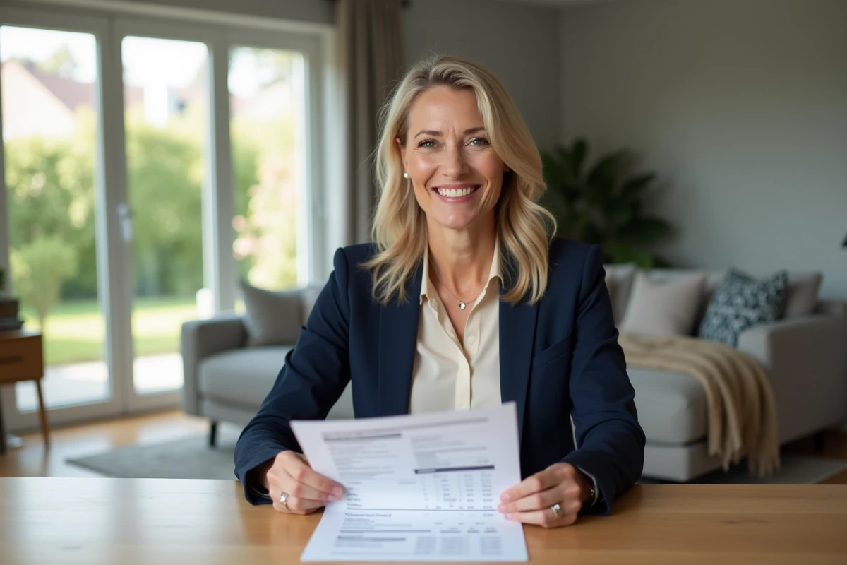 Femme souriante tenant une estimation immobiliere dans un salon lumineux