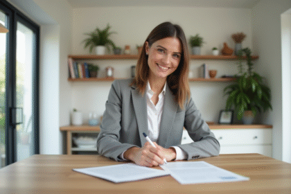 Femme souriante signant un bail dans une cuisine moderne