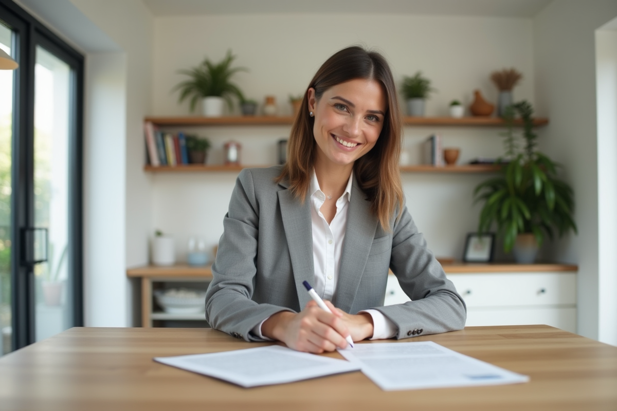 Femme souriante signant un bail dans une cuisine moderne