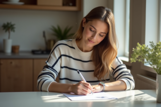 Femme signant un bail dans un appartement lumineux