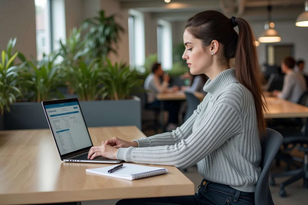 Femme simulant un prêt à taux zéro sur ordinateur pour planifier une stratégie de revente