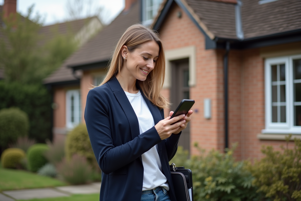 Femme documentant des taches de fumée sur une maison de banlieue