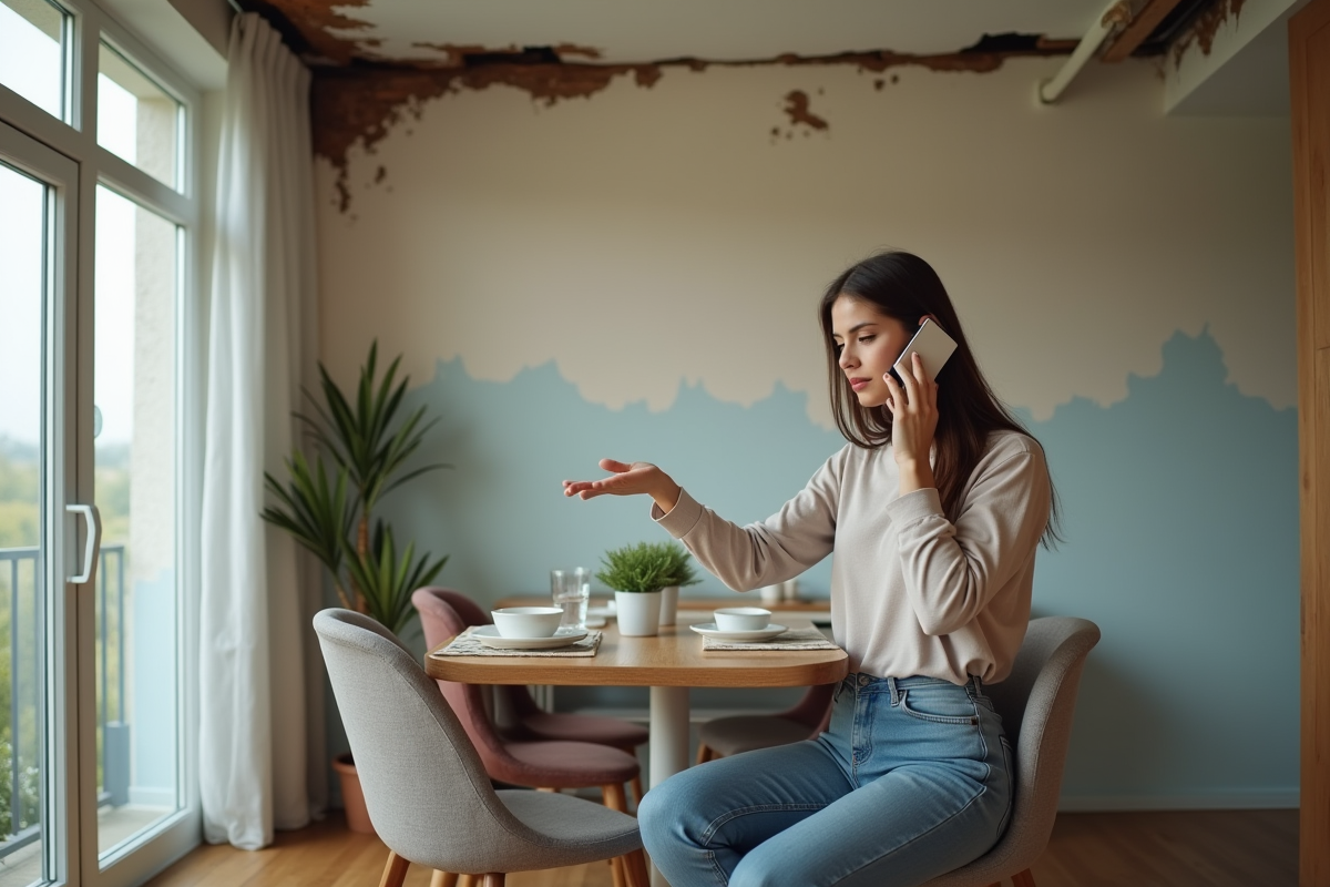 Jeune femme au téléphone montrant un plafond endommagé par l