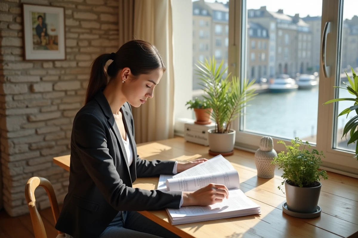 Jeune femme travaillant à la maison avec vue sur la Seine