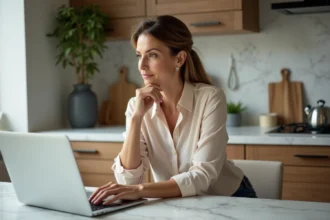 Femme assise à la cuisine vérifiant la valeur immobilière