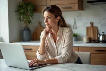 Femme assise à la cuisine vérifiant la valeur immobilière