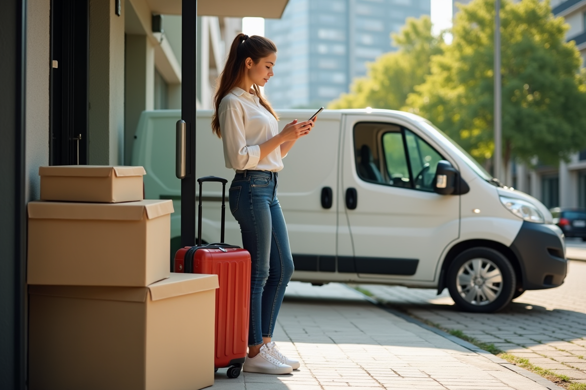 Jeune femme vérifie sa liste de déménagement dehors