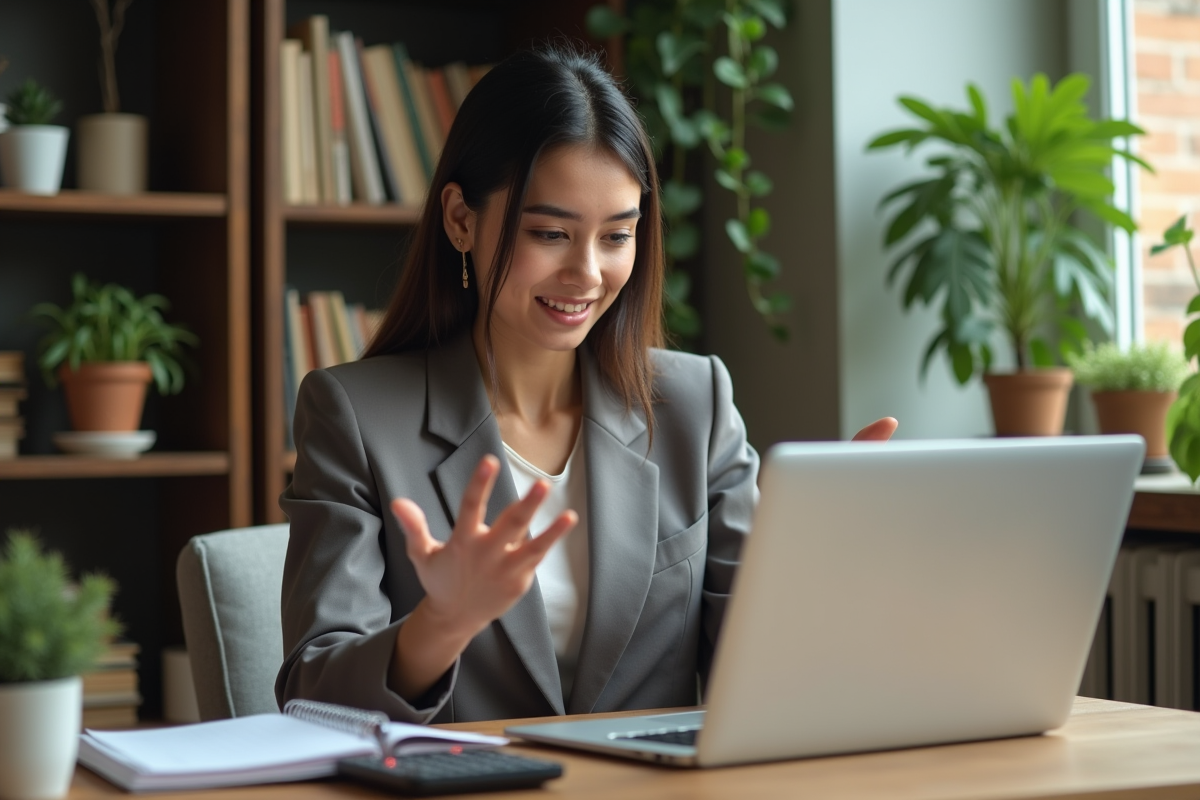 Jeune femme en visioconference pour décisions financières
